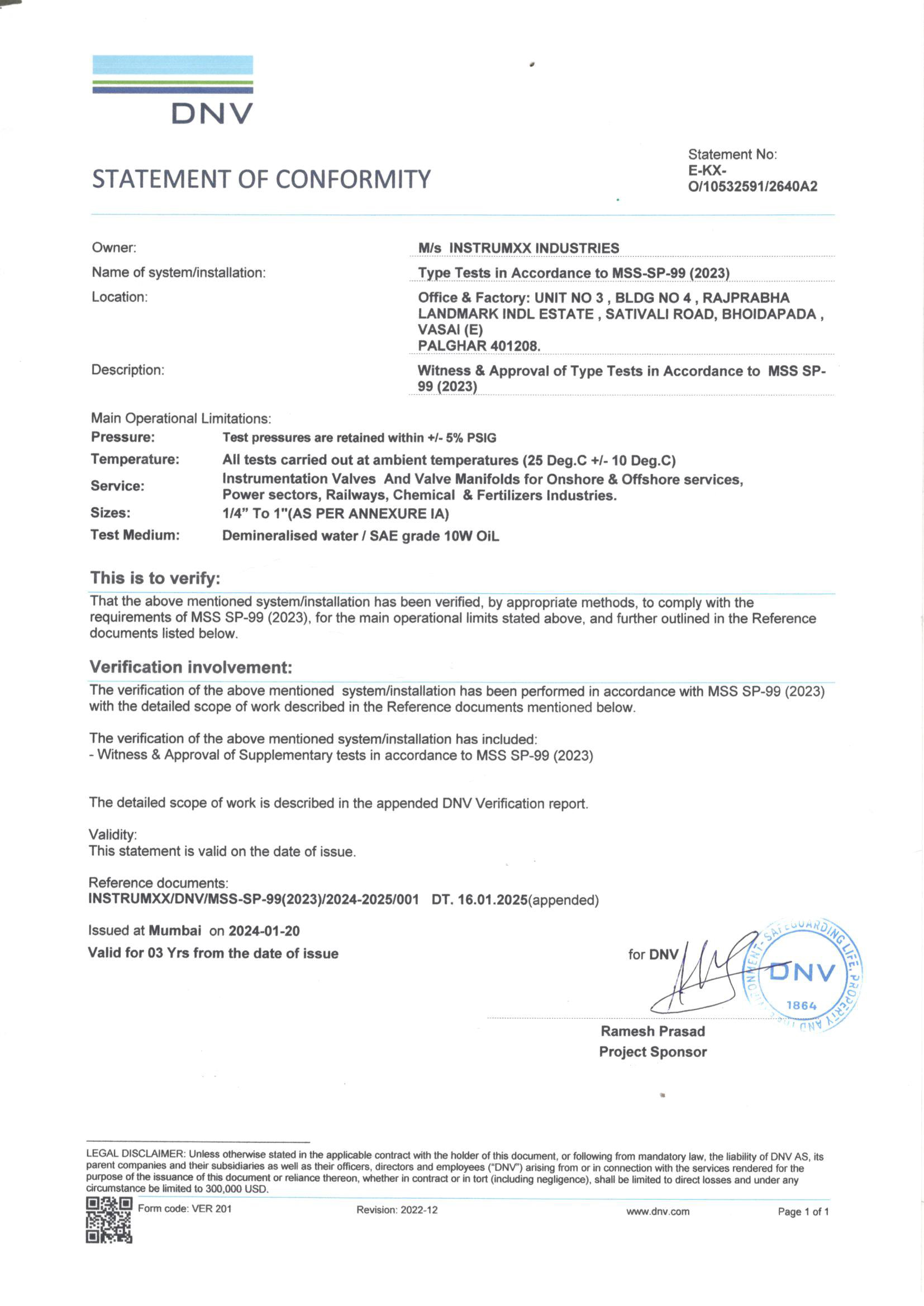 MSS-SP-99 certificate